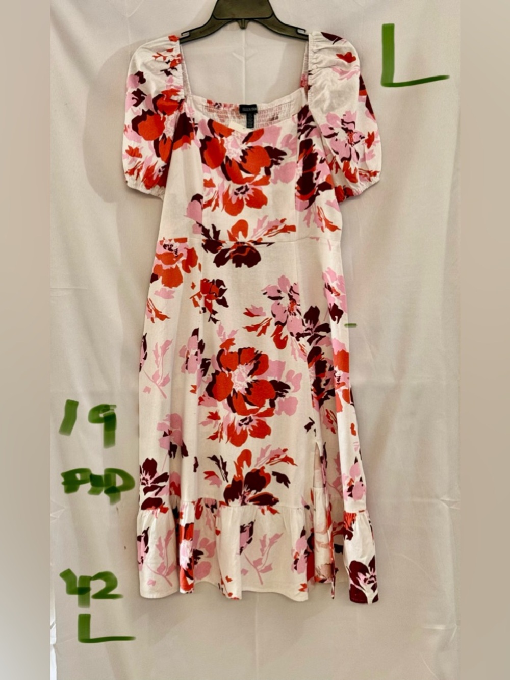 Ellen Tracy Cream Midi Dress with Red and Pink Floral Print